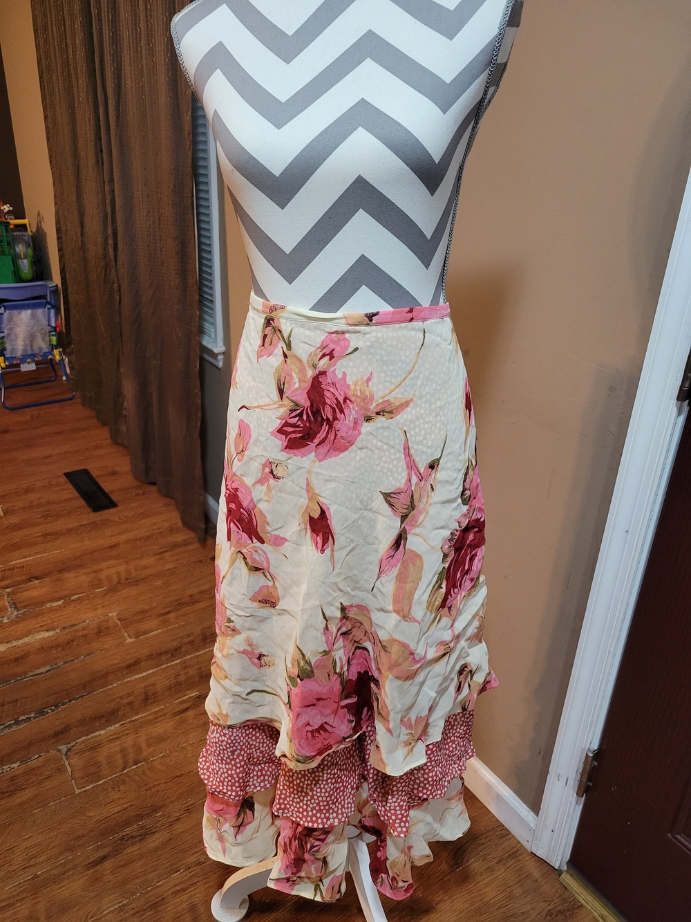 Coldwater Creek Pink Floral Tiered Maxi Skirt on Cream